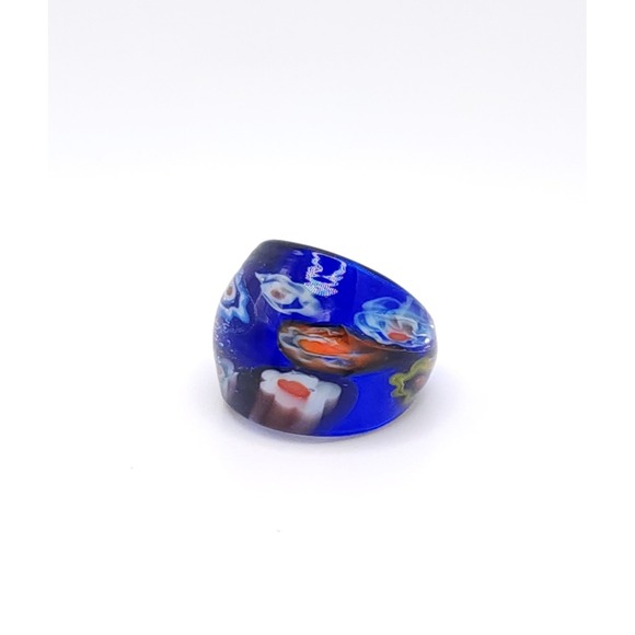 Murano Style Hand Blown Glass Ring Women's Blue Art Floral Design Boho Size 6 - Picture 6 of 14